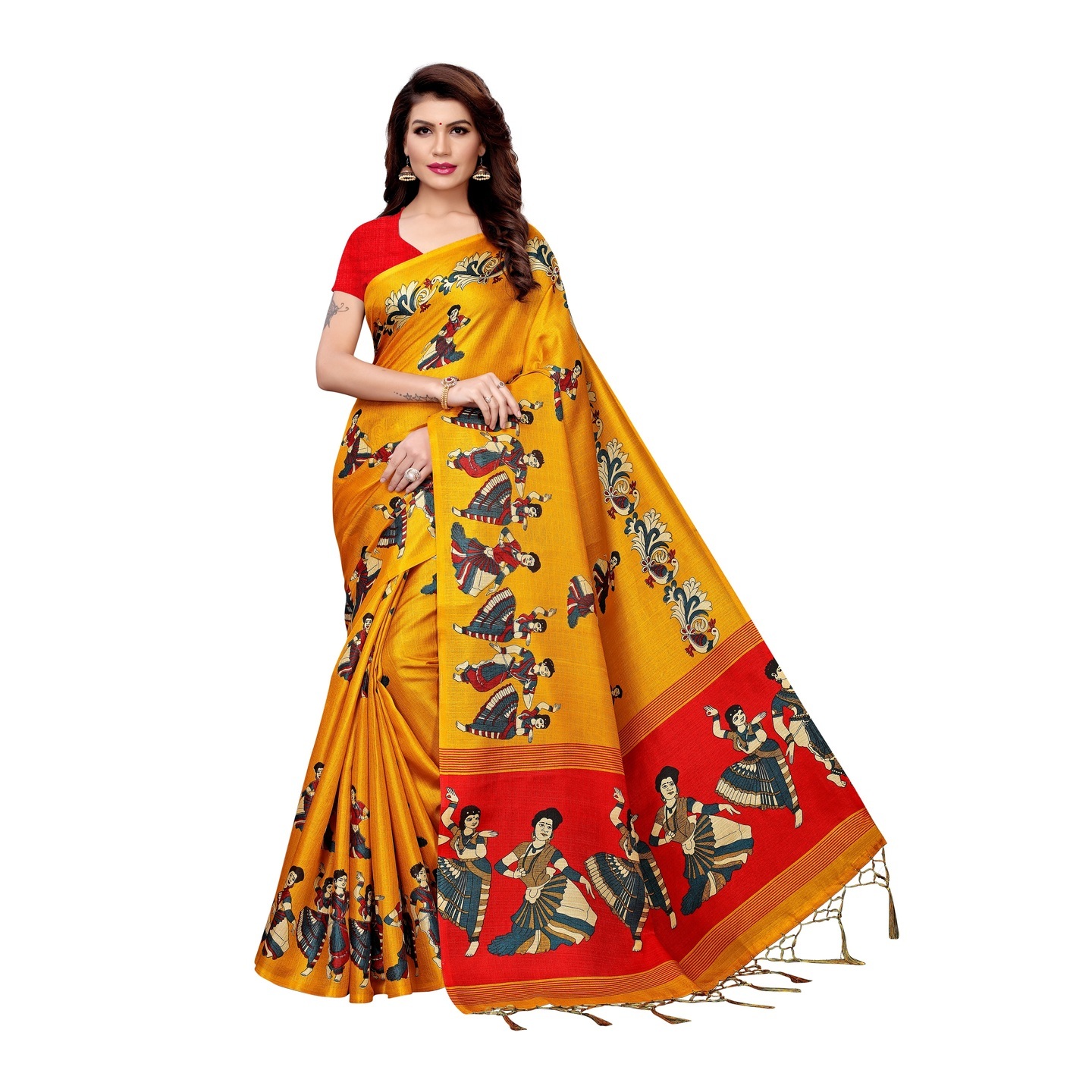 KALAMKARI YELLOW KHADI SILK SAREE WITH FIGURE PRINT CONCEPT