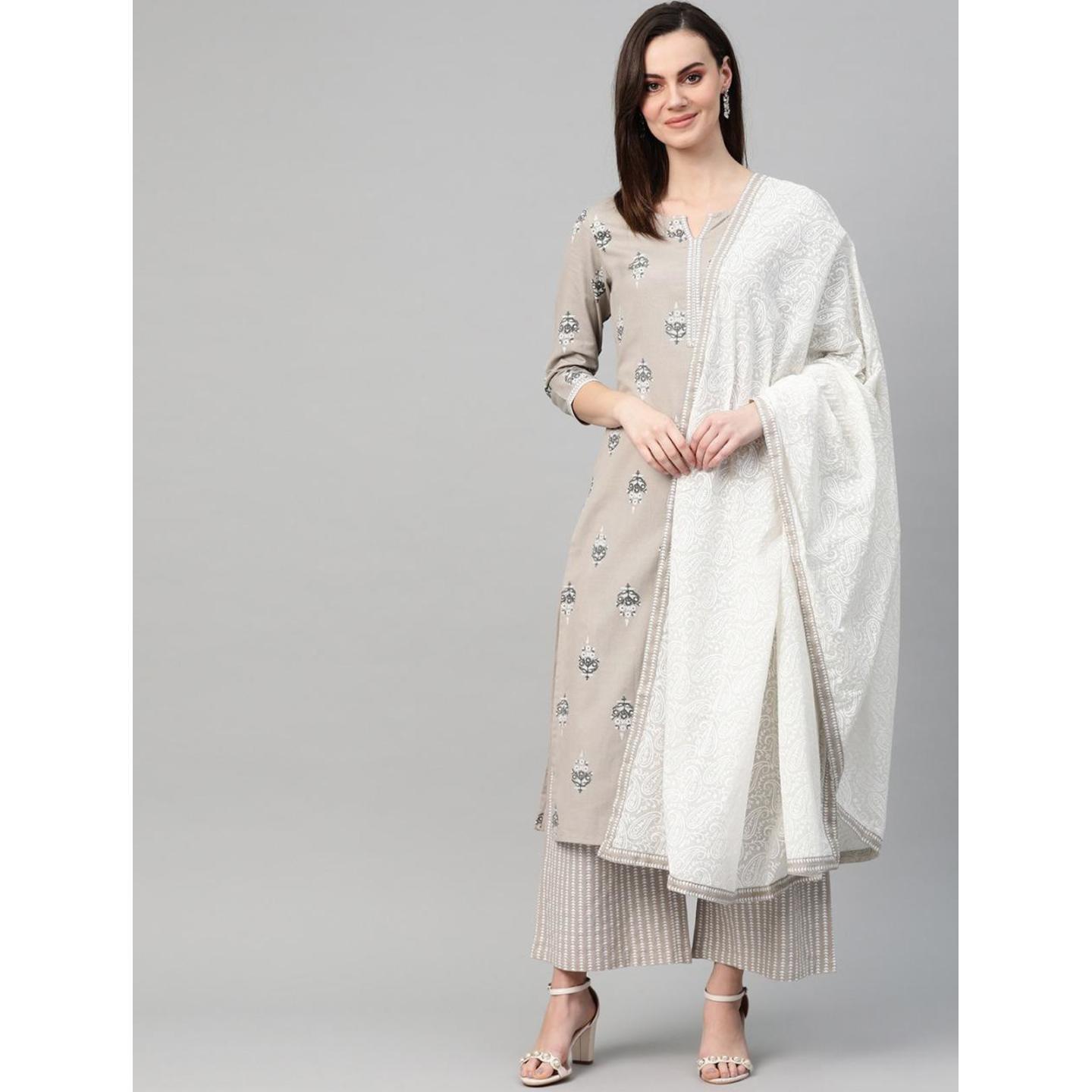 Jaipuri Grey, White and Black printed Kurta with Palazzos and Dupatta