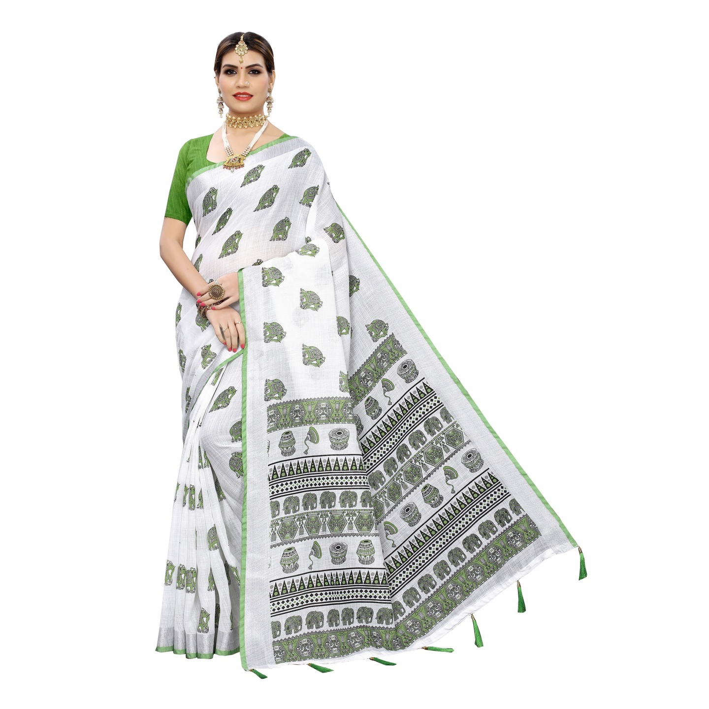 ANGRY ANIMAL GREEN PRINTED LINEN SAREE