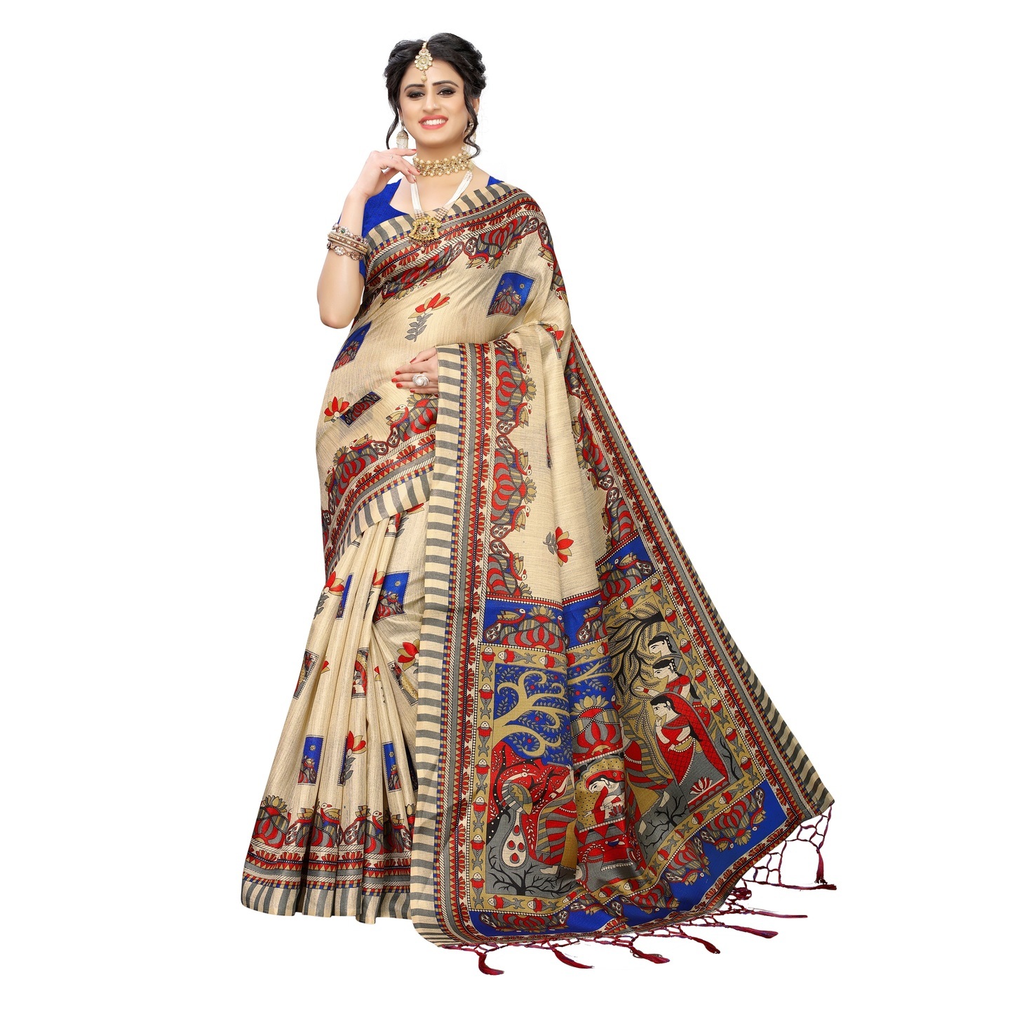 KALAMKARI BLUE KHADI SILK SAREE WITH FIGURE PRINT CONCEPT