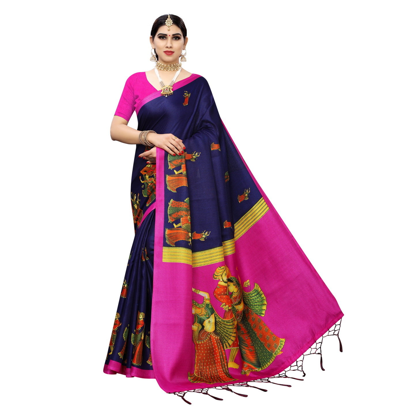 KALAMKARI NAVY BLUE KHADI SILK SAREE WITH FIGURE PRINT CONCEPT