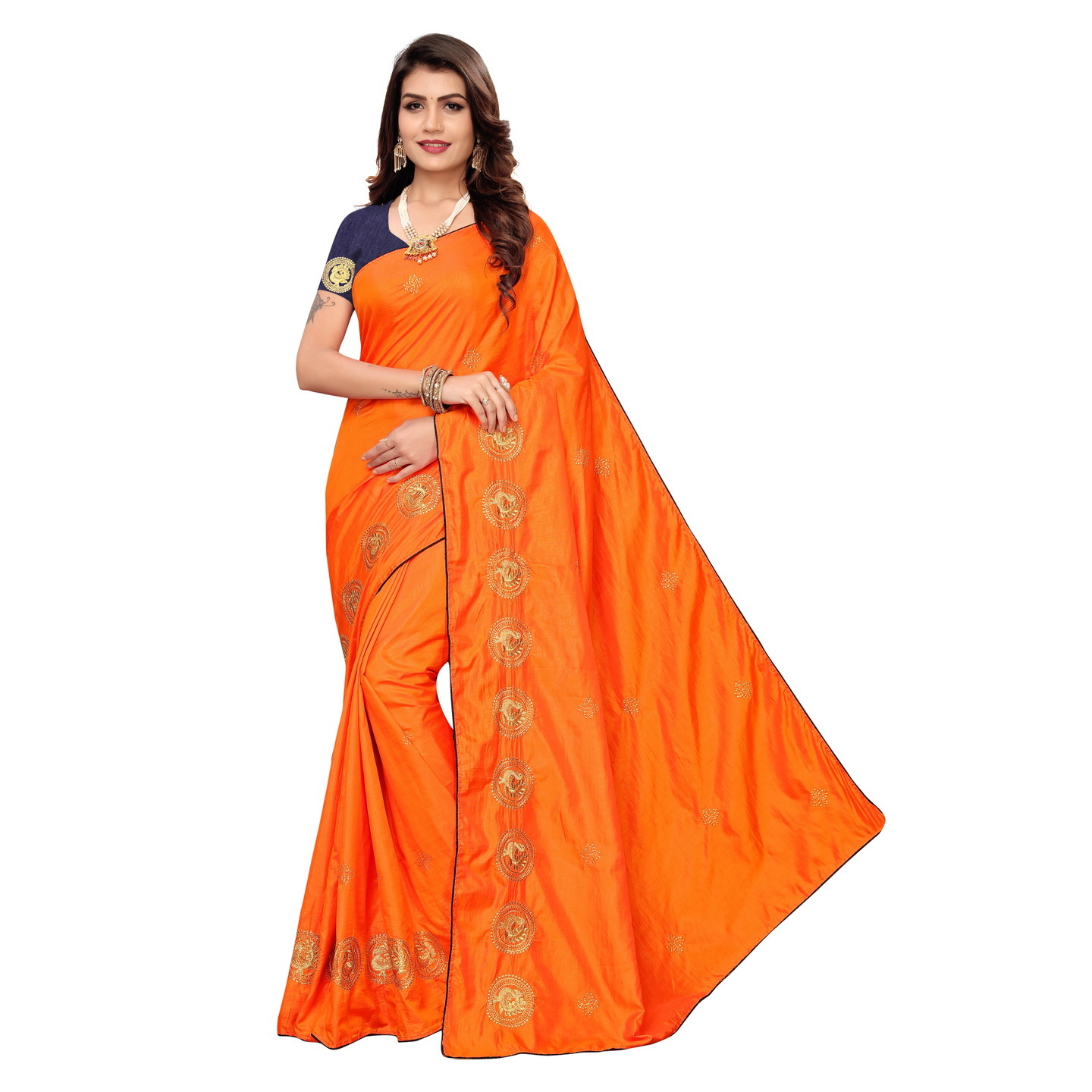 DESIGNER ORANGE DUCK EMBROIDERED SAREE