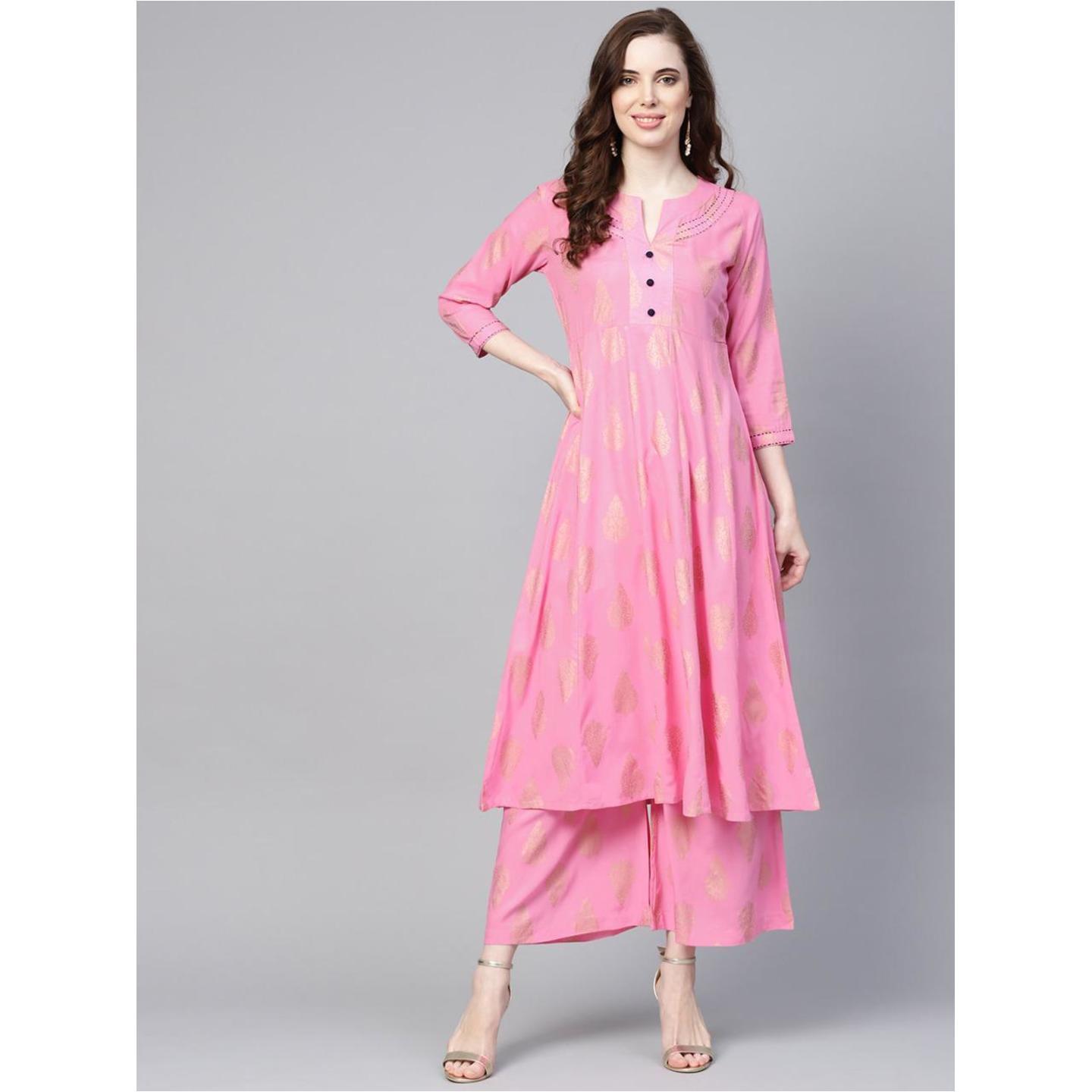 Jaipuri Pink and Golden printed Kurta with Palazzos