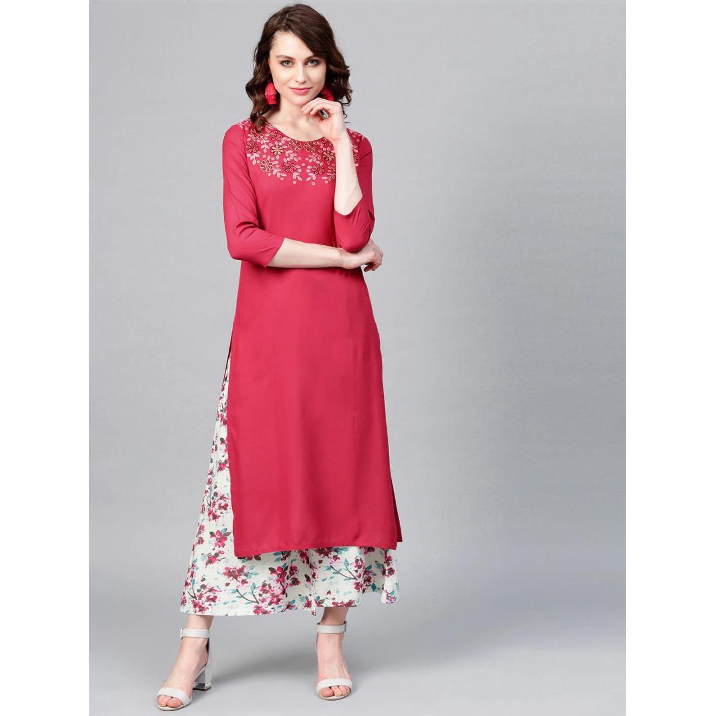 Jaipuri Pink and Sea Green Kurta with Trousers