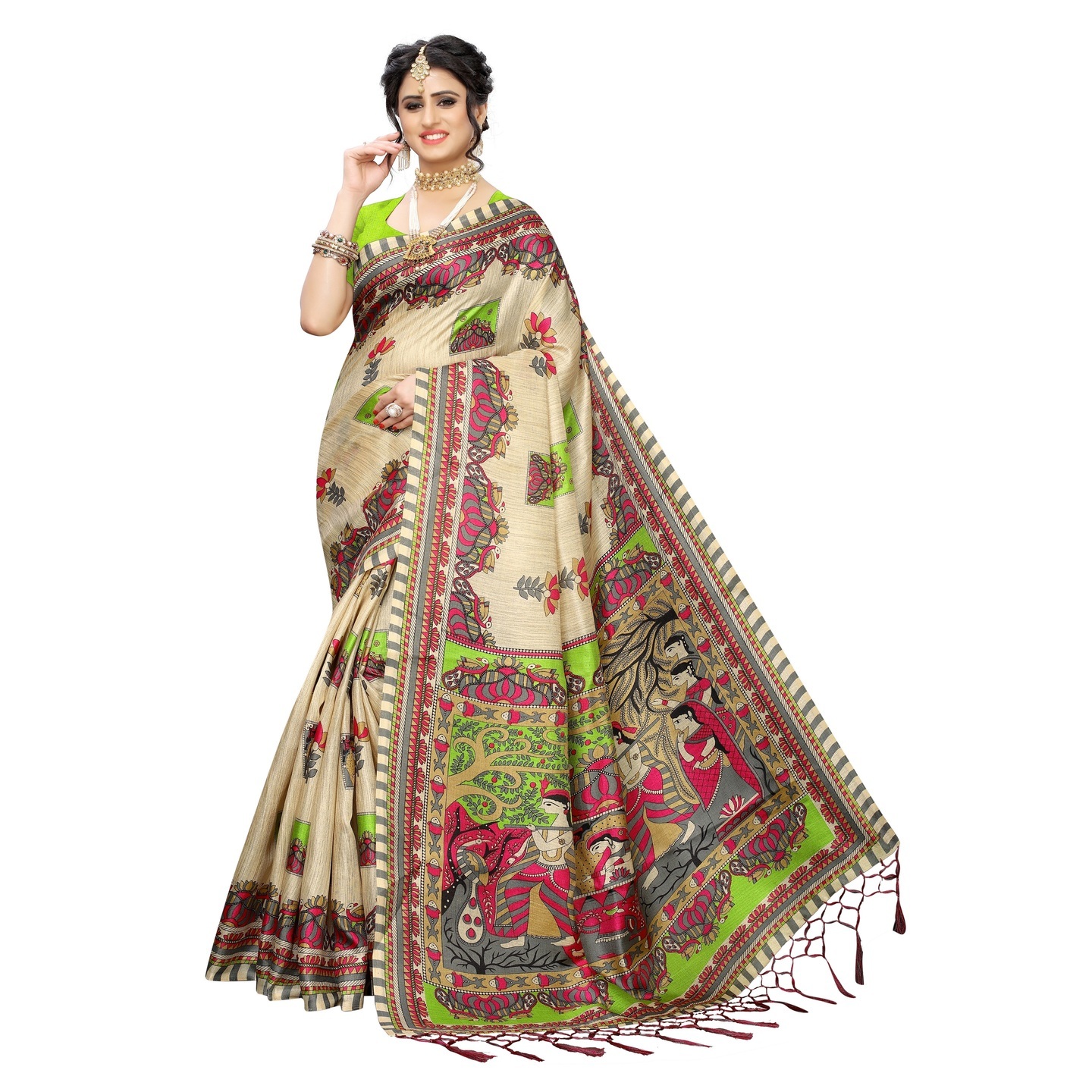 KALAMKARI MEHENDI KHADI SILK SAREE WITH FIGURE PRINT CONCEPT