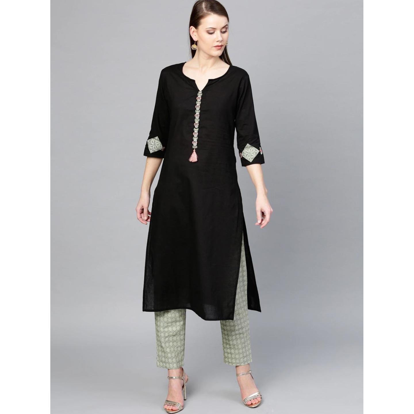Jaipuri Black and Off-White solid Kurta with Trousers