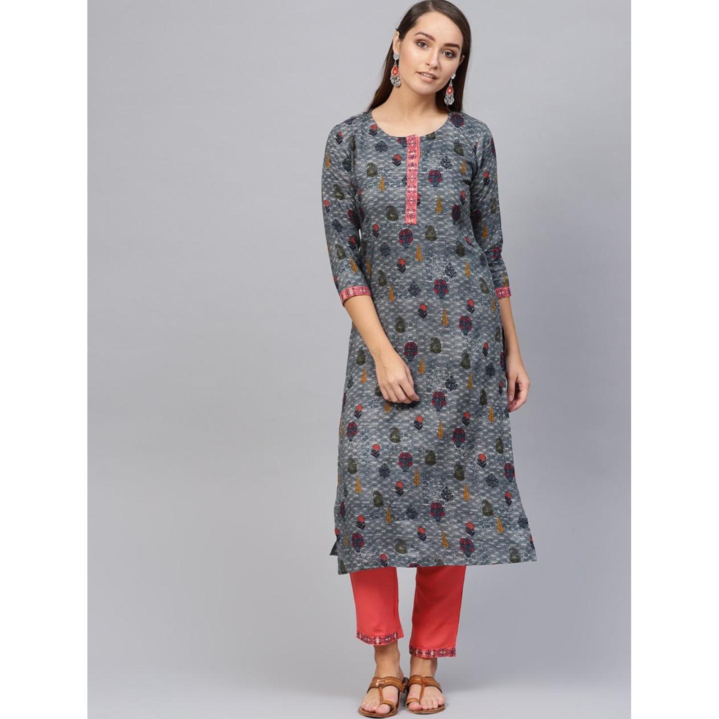 Jaipuri Blue and Coral Pink printed Kurta with Trousers