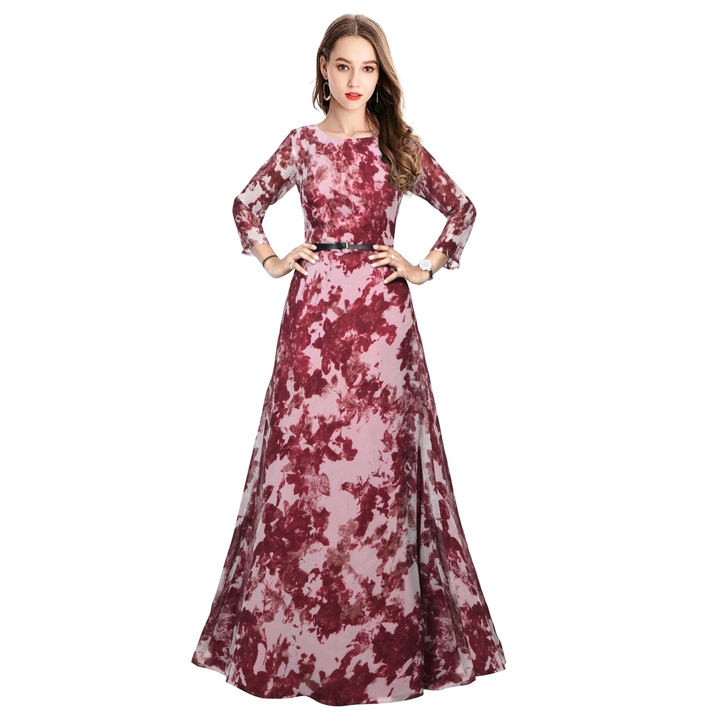DELTIN STYLISH MAROON GOWN WITH BELT