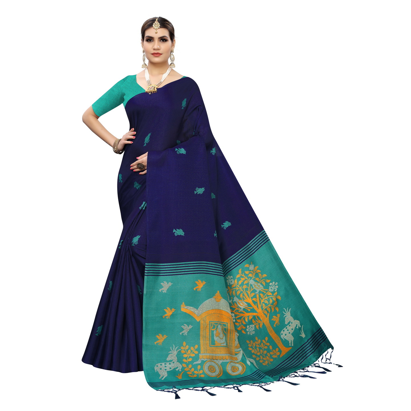 KALAMKARI NAVY BLUE KHADI SILK SAREE WITH FIGURE PRINT CONCEPT