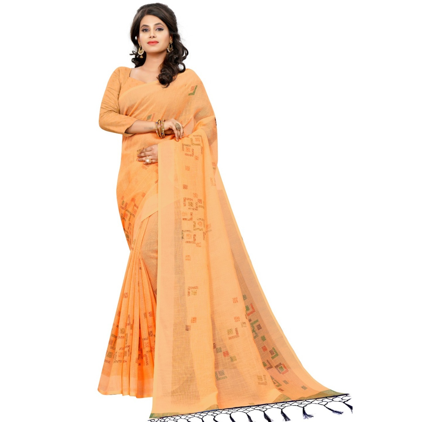 Peach Digital Printed Linen Saree with Running Blouse Piece