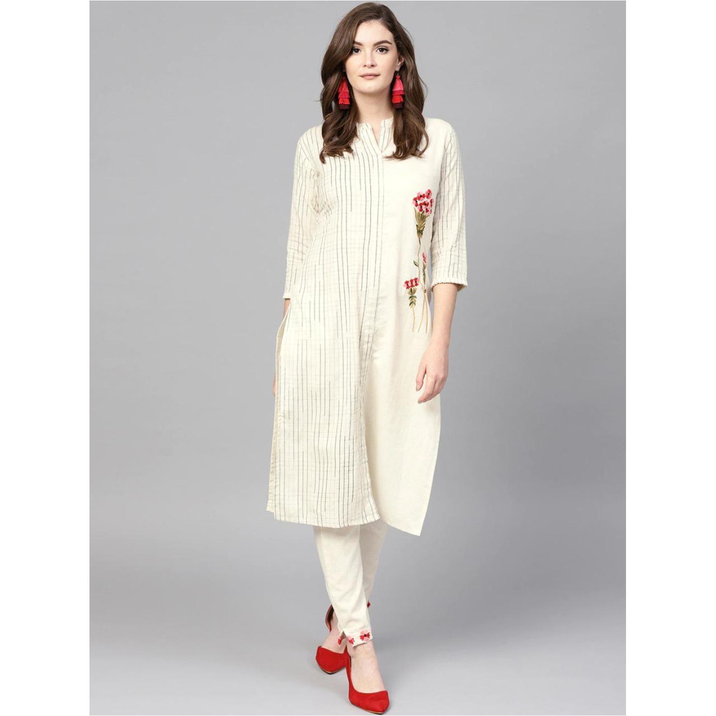 Jaipuri Off-White and Black checked Kurta with Trousers