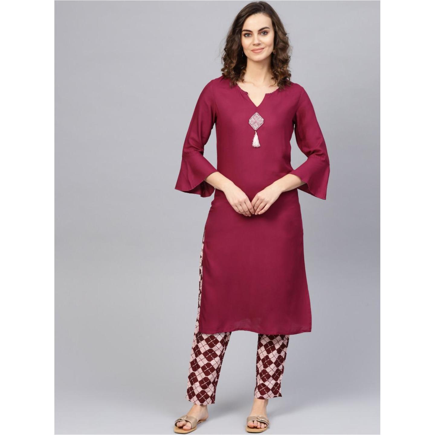 Jaipuri Burgundy and Off-White solid Kurta with Trousers