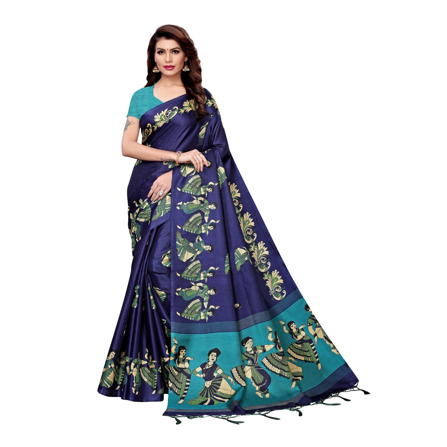 KALAMKARI NAVY BLUE KHADI SILK SAREE WITH FIGURE PRINT CONCEPT