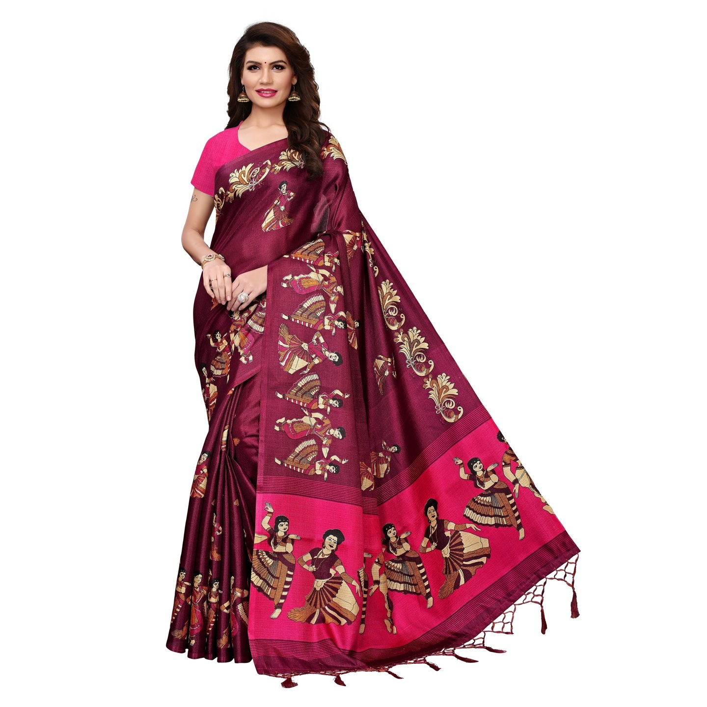 KALAMKARI WINE KHADI SILK SAREE WITH FIGURE PRINT CONCEPT