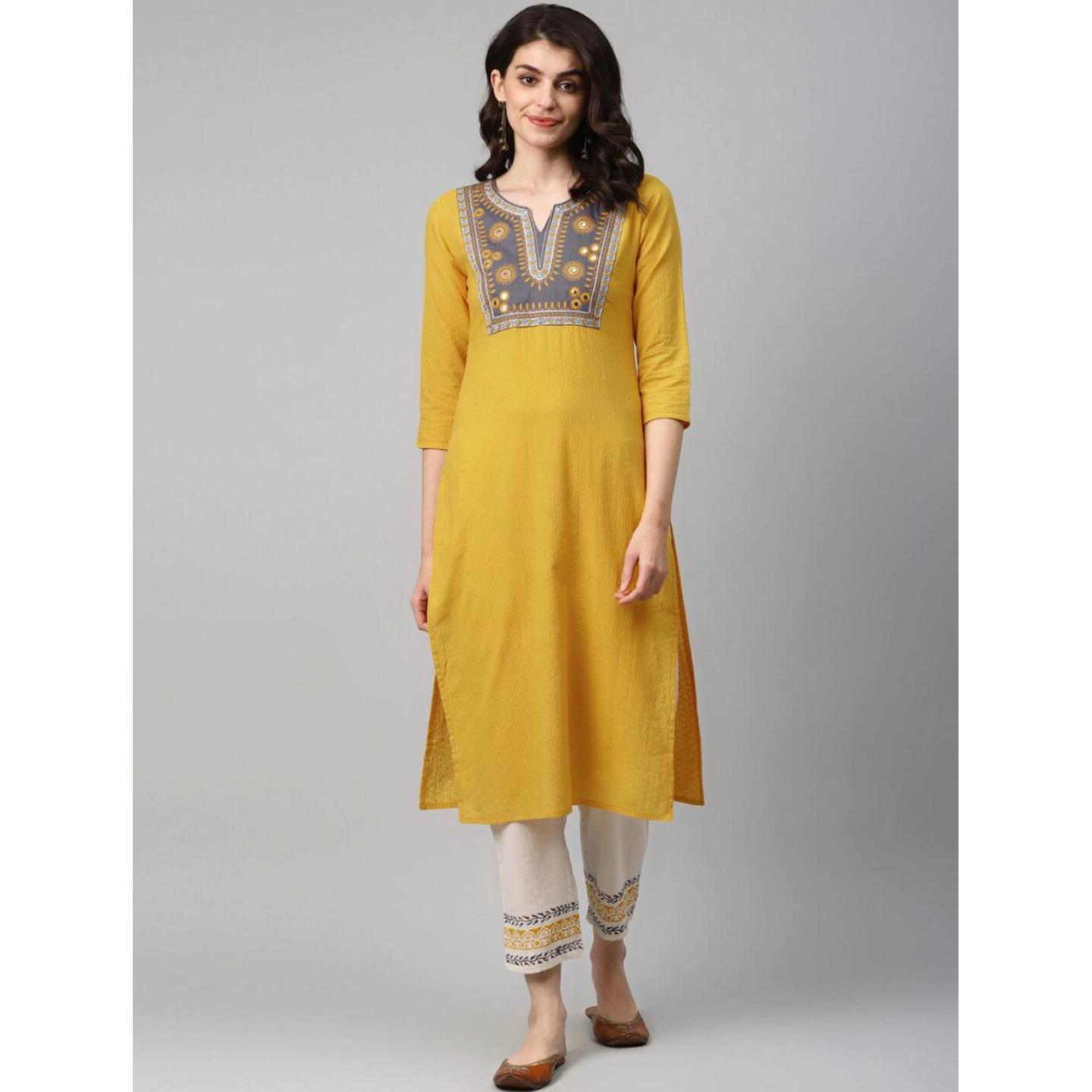 Jaipuri Mustard and Off-White Embroidered Kurta with Trousers