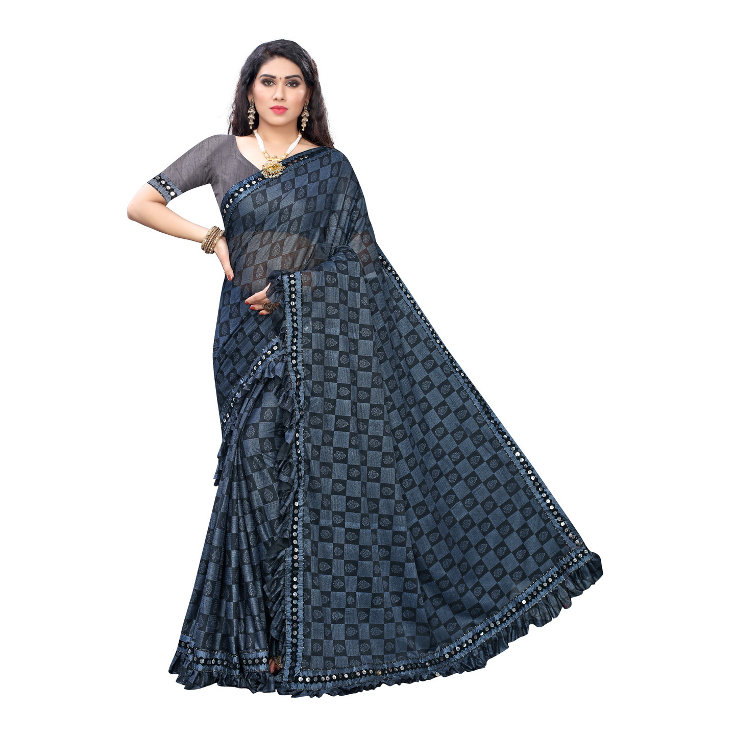 PERK NAVY BLUE PRINTED LYCRA SAREE