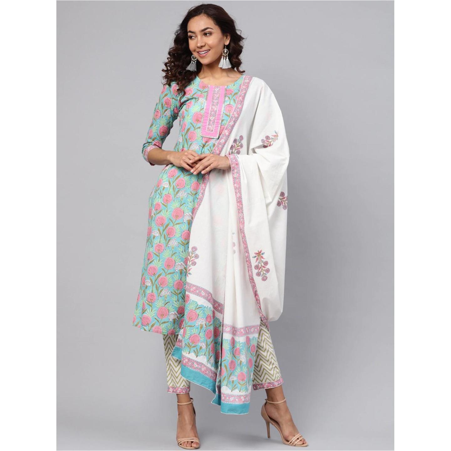 Jaipuri Blue, White and Pink printed Kurta with Trouser and Dupatta