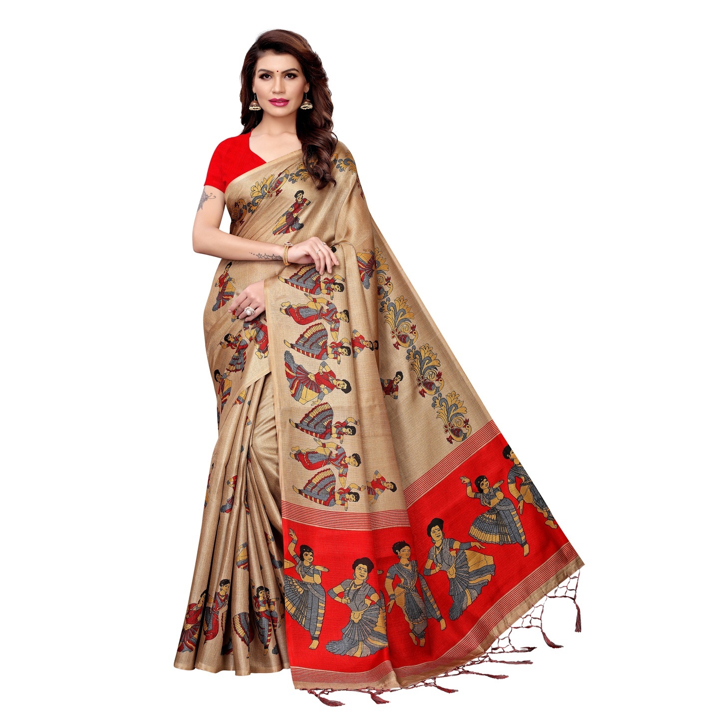 KALAMKARI CHIKU KHADI SILK SAREE WITH FIGURE PRINT CONCEPT