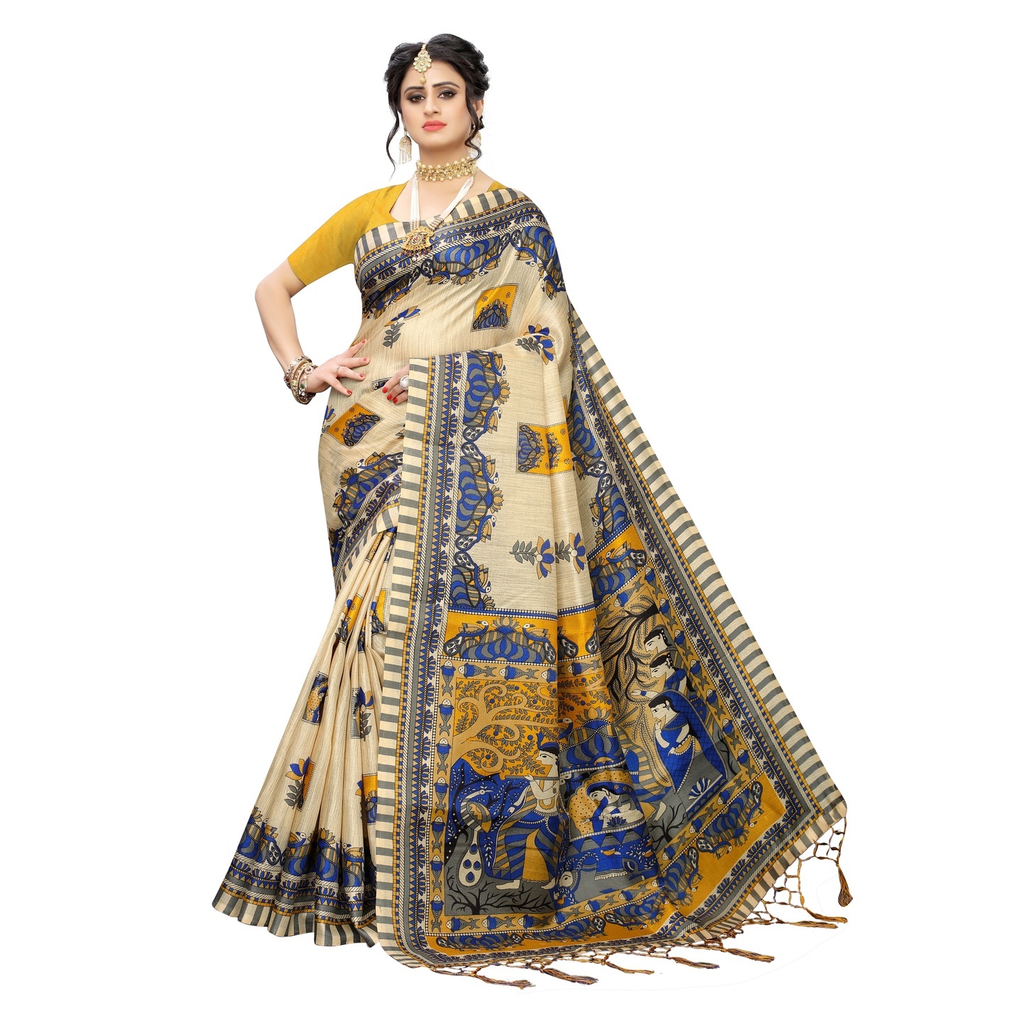 KALAMKARI YELLOW KHADI SILK SAREE WITH FIGURE PRINT CONCEPT
