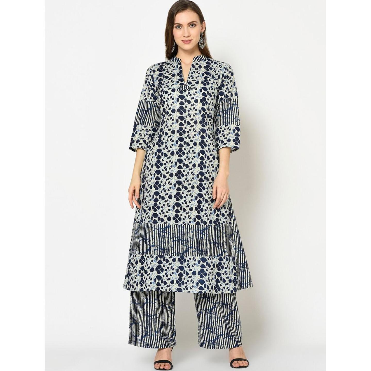 Jaipuri Cream coloured and blue printed Kurta with Palazzos