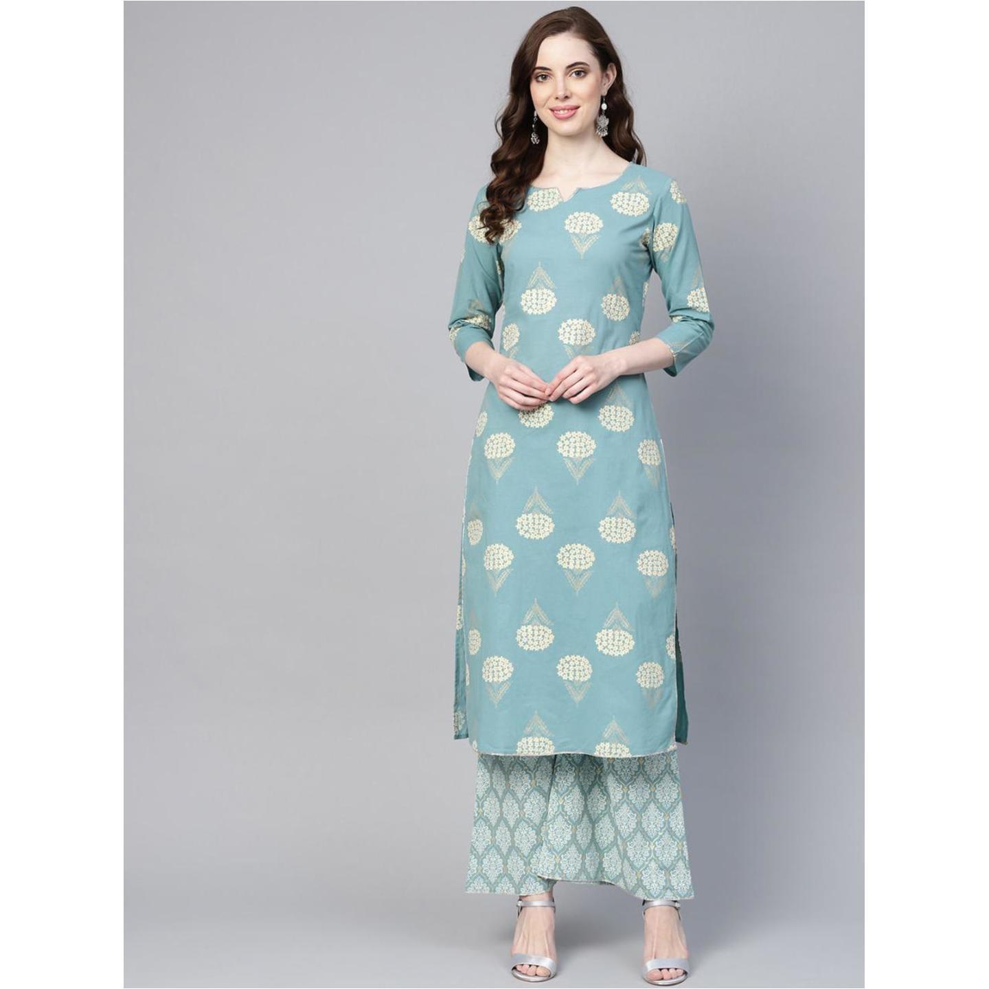 Women Blue and off-white printed Kurta with Palazzos