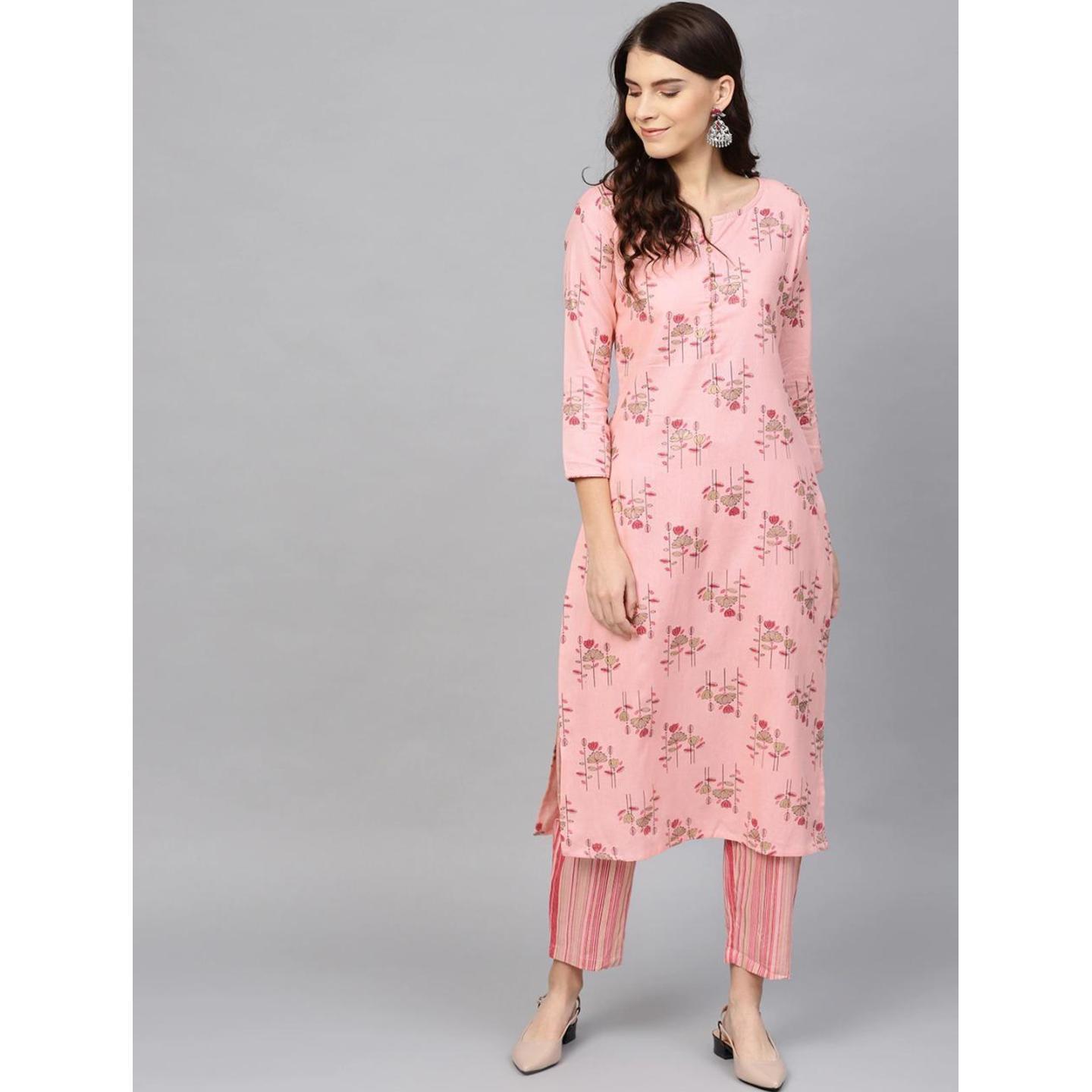Pink and golden printed Kurta with Trouser