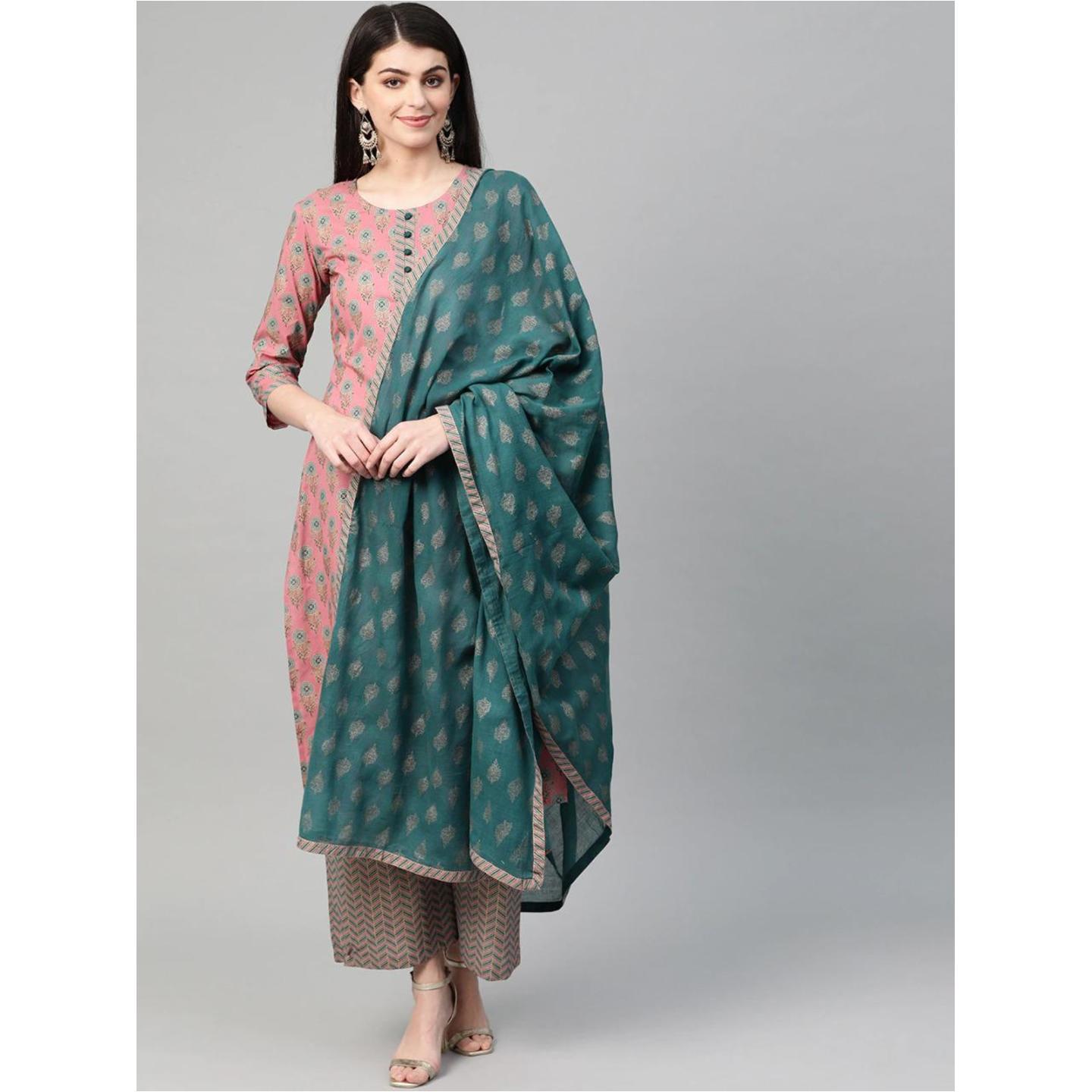 Jaipuri Pink, Blue and Golden Kurta with Palazzos and Dupatta