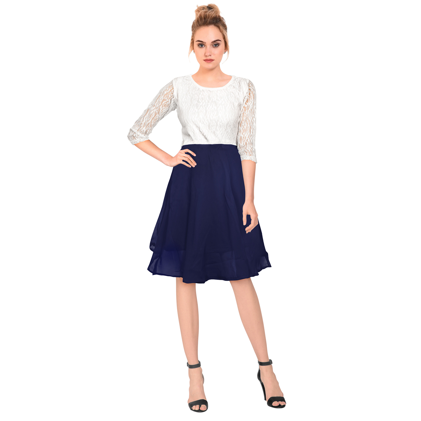 ADORABLE WHITE & BLUE MIDI DRESS WITH BELT