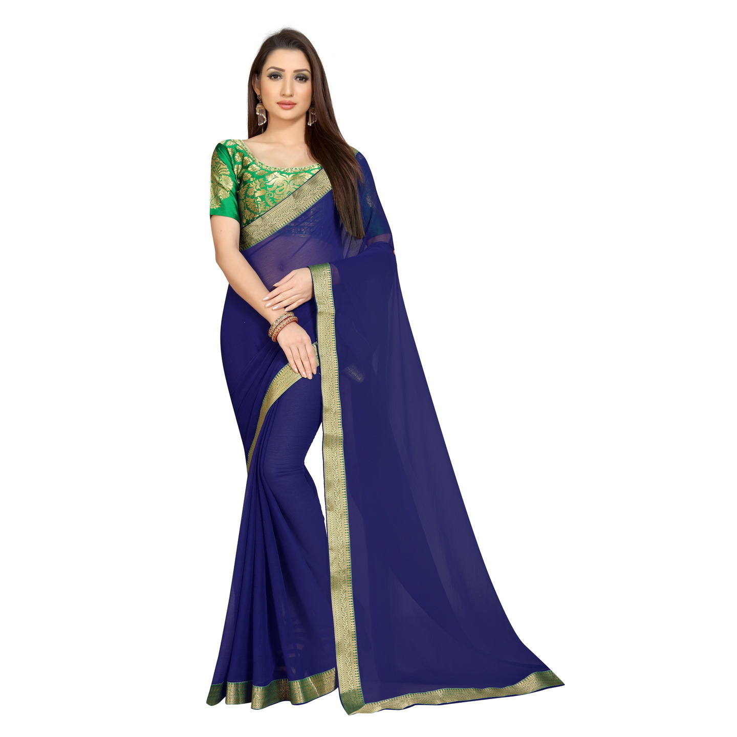 CLASSIC NAVY-BLUE GREEN CHIFFON SAREE