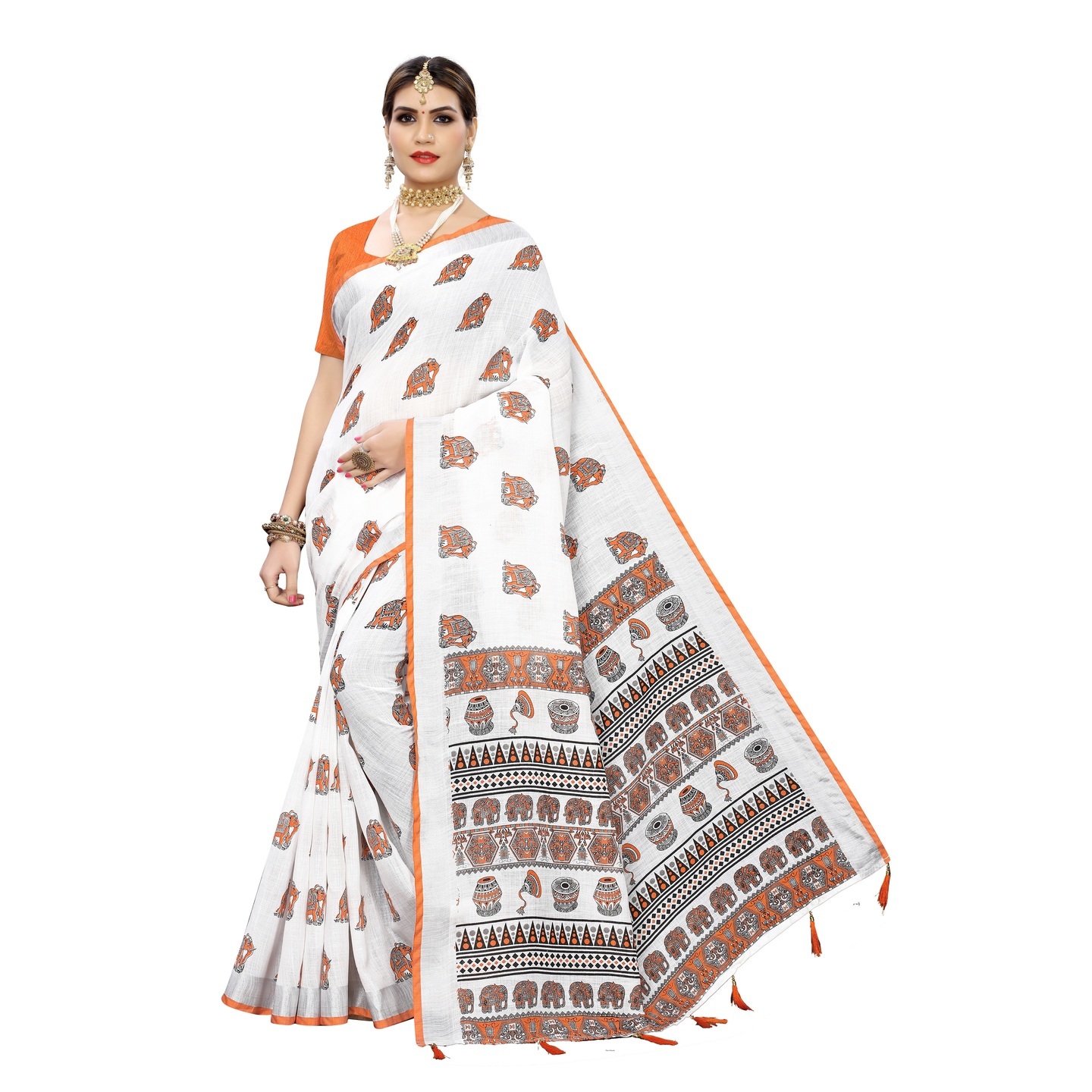 ANGRY ANIMAL ORANGE PRINTED LINEN SAREE