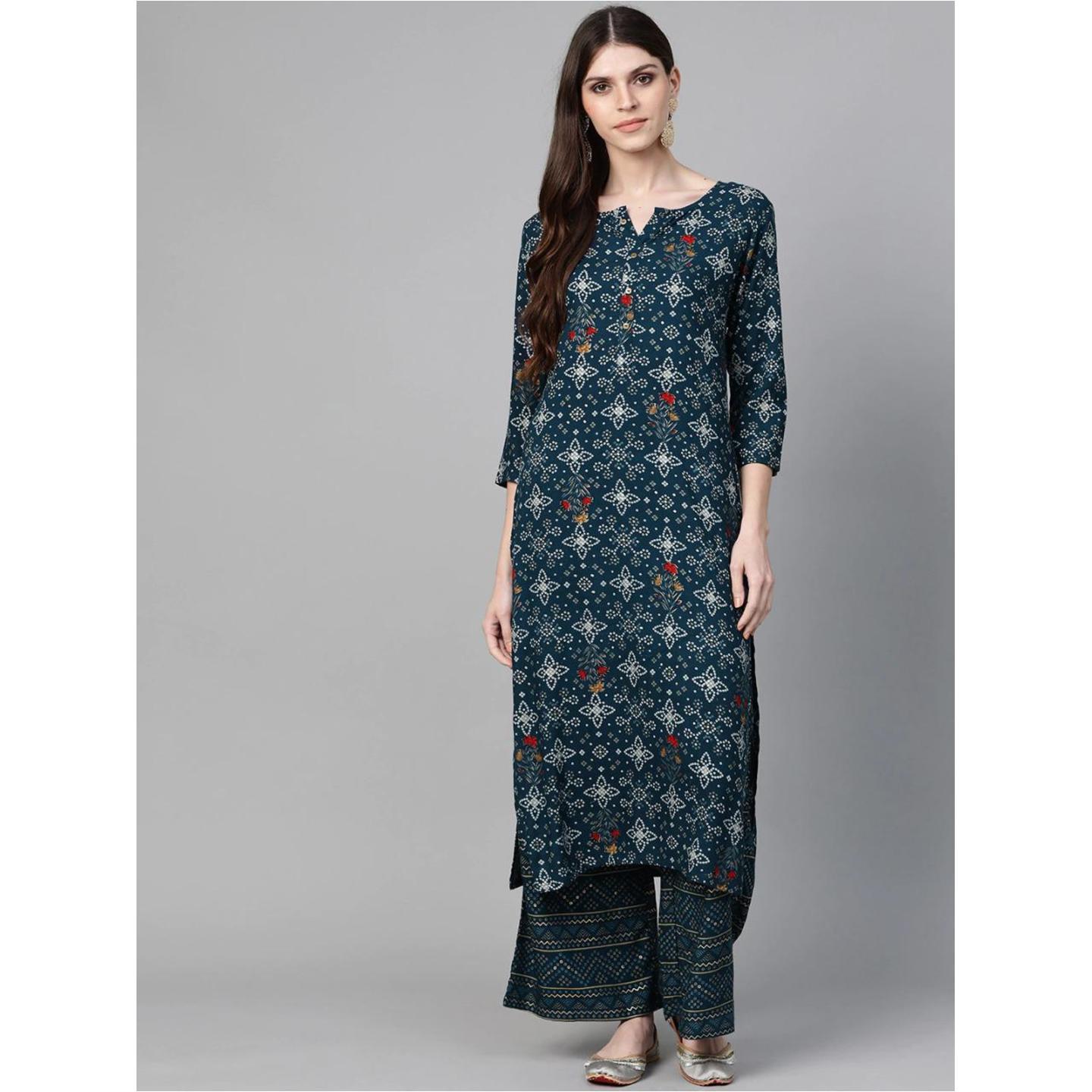 Jaipuri Navy Blue and Golden Bandhani print Kurta with Palazzos