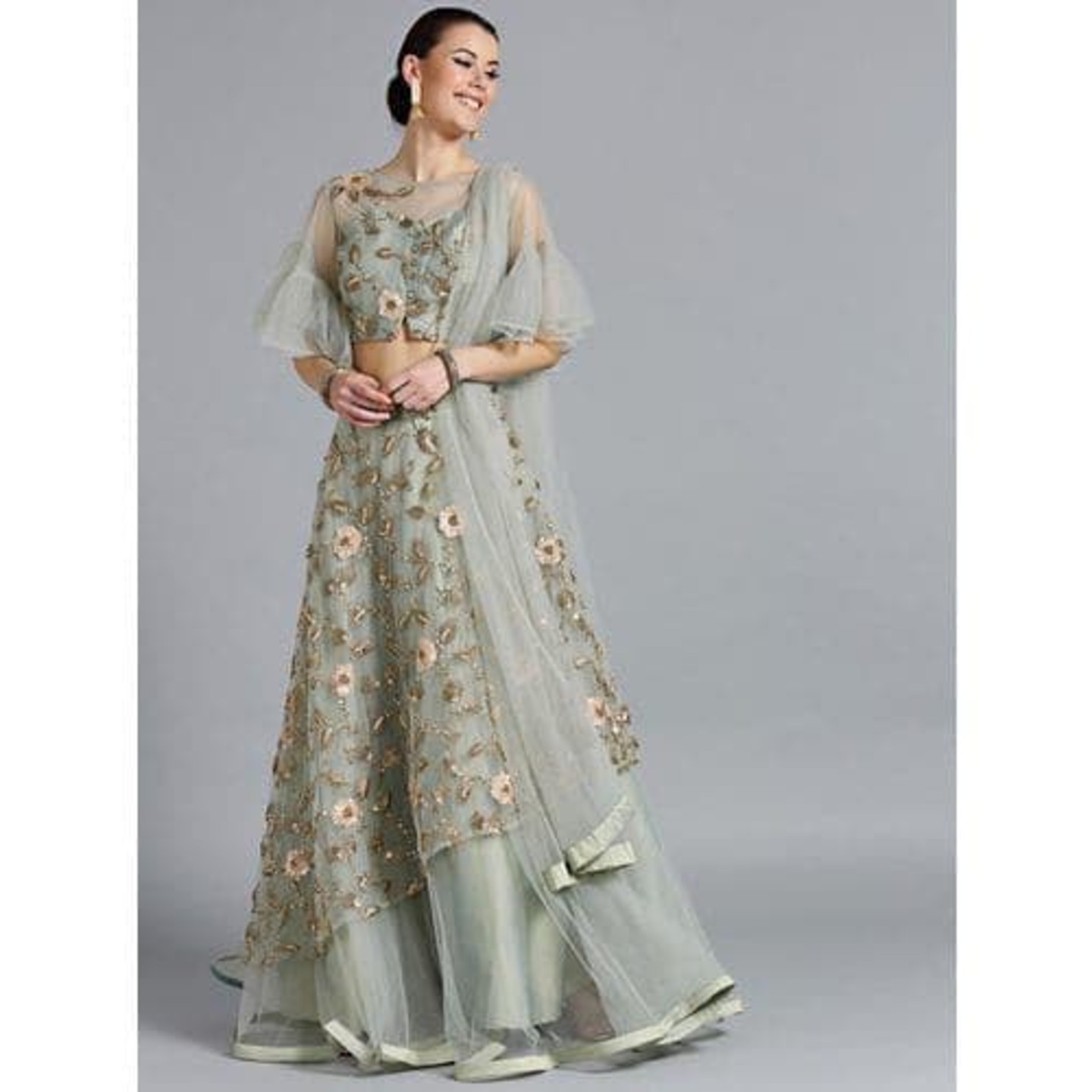 CHABBAR CLASSY APPLE GREEN TWO-LAYER LEHENGA