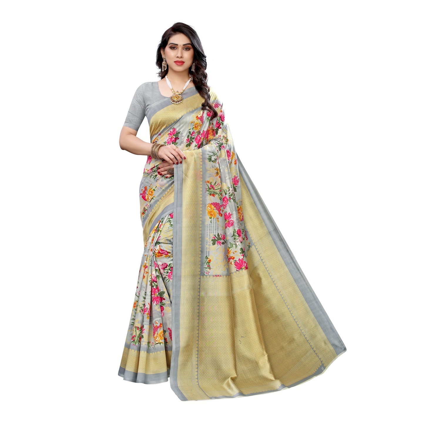 GREY ART SILK SAREE WITH SUPERB FLORAL PRINT