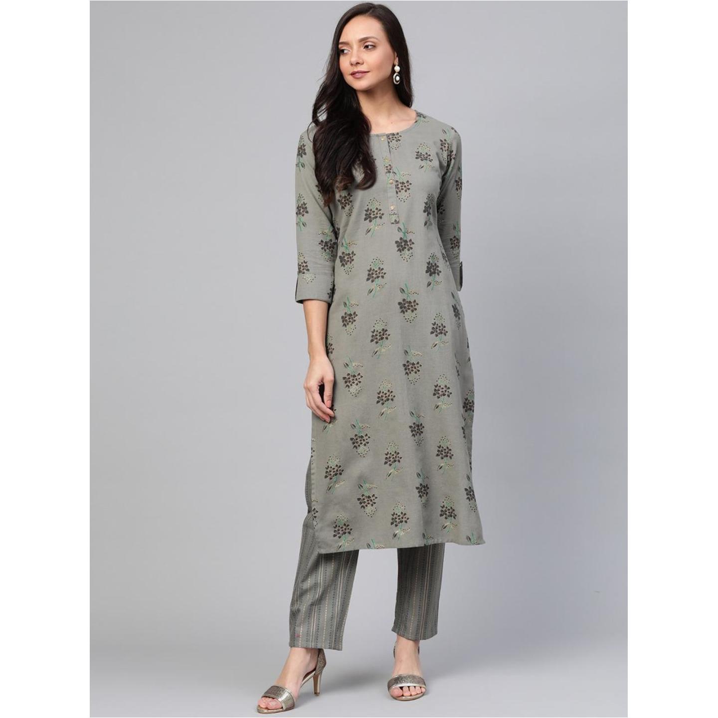 Jaipuri  Grey, Black and Golden printed Kurta with Palazzos