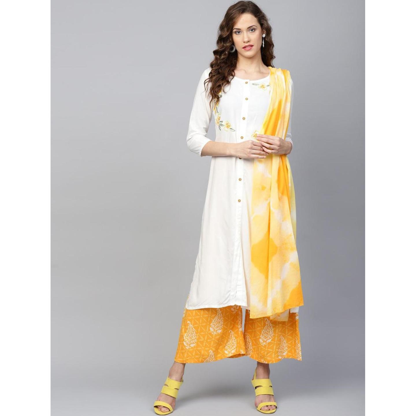 Jaipuri White and Yellow embroidered Kurta with Palazzos and Dupatta