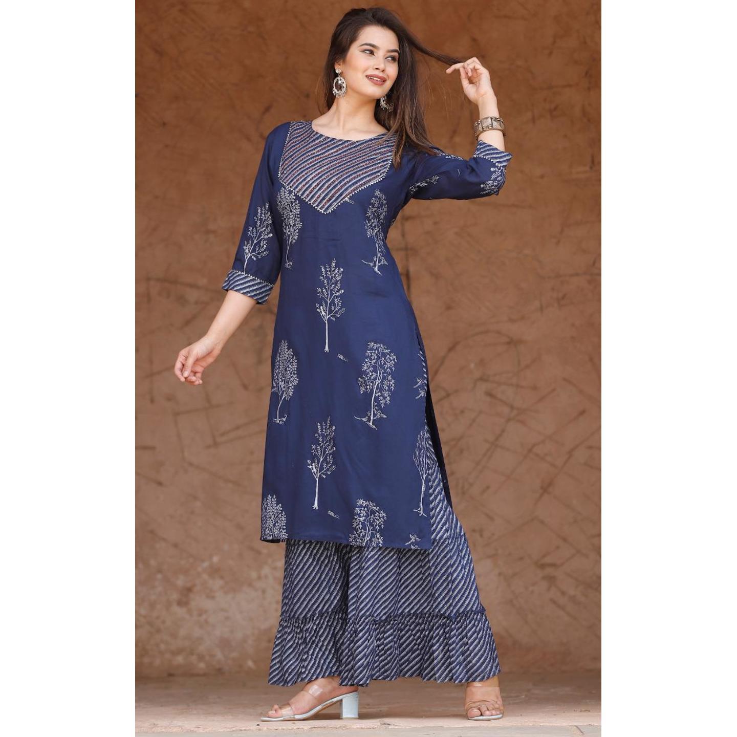 Jaipuri Navy Blue printed Kurta with Sharara