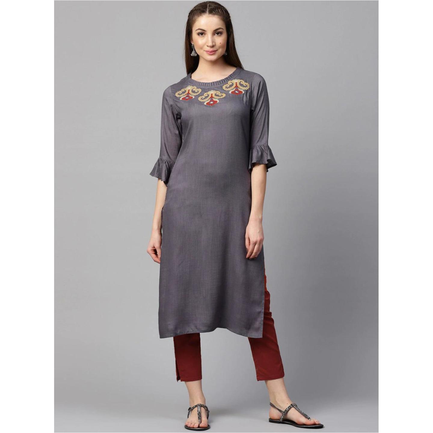 Jaipuri Grey and Maroon solid Kurta with Trousers