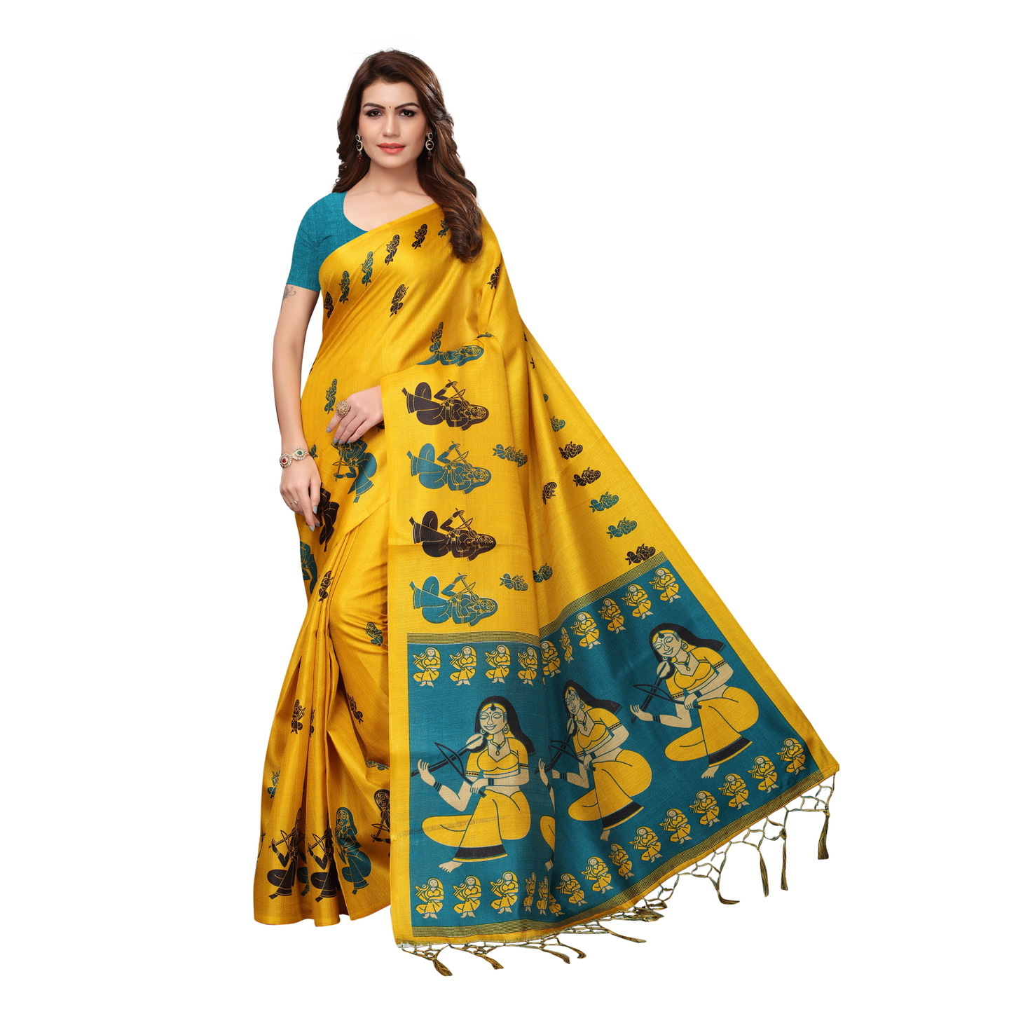 KALAMKARI YELLOW KHADI SILK SAREE WITH FIGURE PRINT CONCEPT