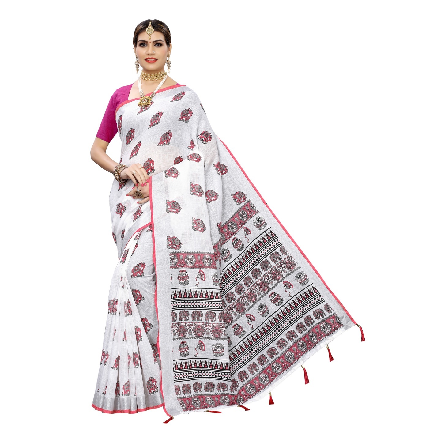 ANGRY ANIMAL PINK PRINTED LINEN SAREE