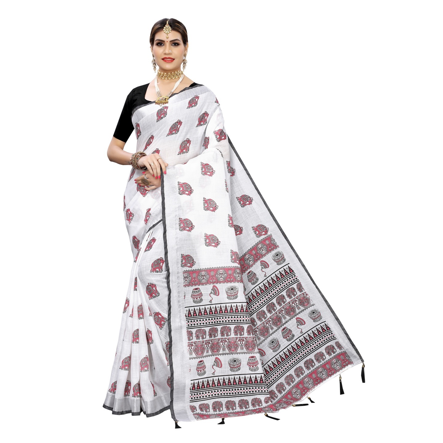 ANGRY ANIMAL BLACK PRINTED LINEN SAREE