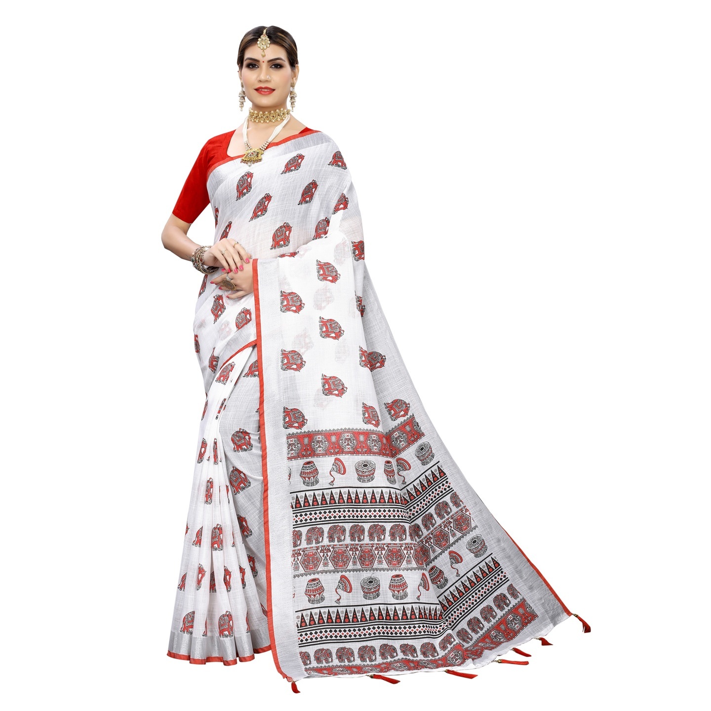 ANGRY ANIMAL RED PRINTED LINEN SAREE