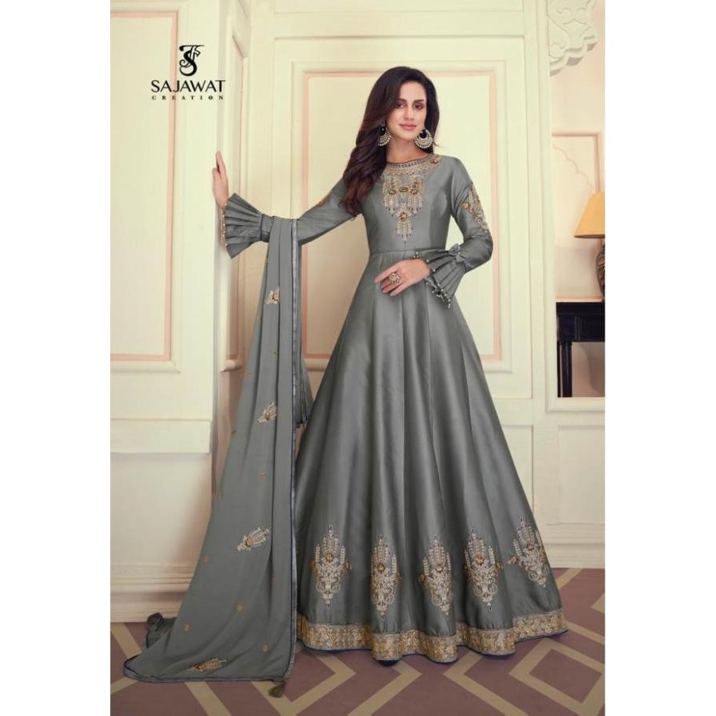 READYMADE GREY SALWAR SUIT by SAJAWAT CREATION