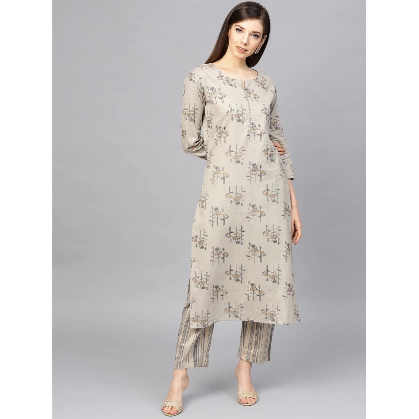 Jaipuri Grey and Golden printed Kurta with Palazzos