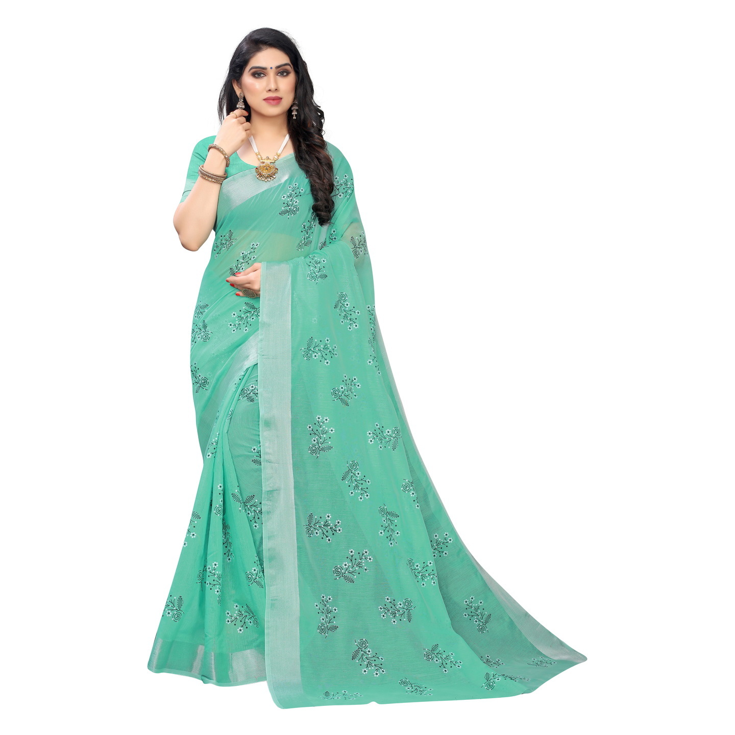 SIMPLE CHANDHERI DESIGNER RAMA SAREE