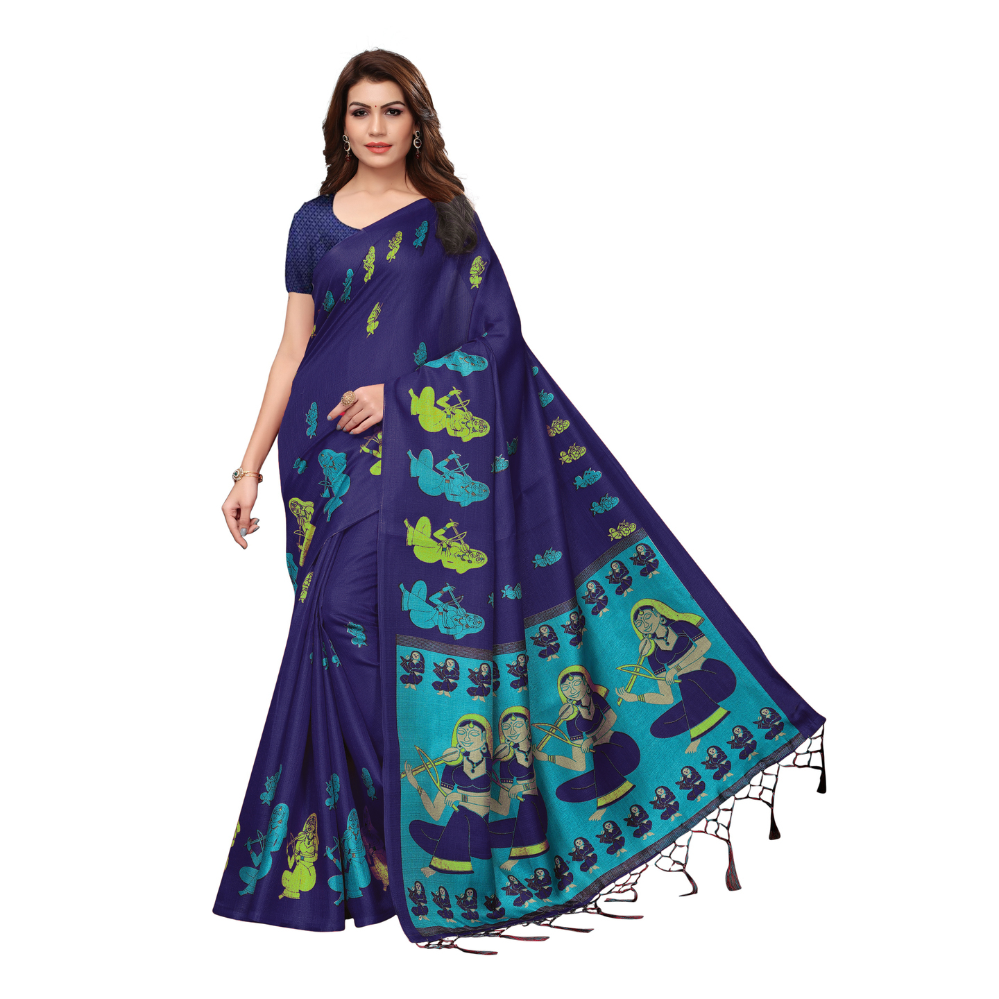 KALAMKARI NAVY BLUE KHADI SILK SAREE WITH FIGURE PRINT CONCEPT