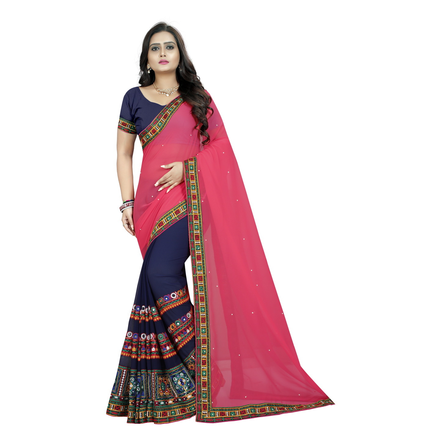 KUTCHI NAVY PEACH DESIGNER SAREE