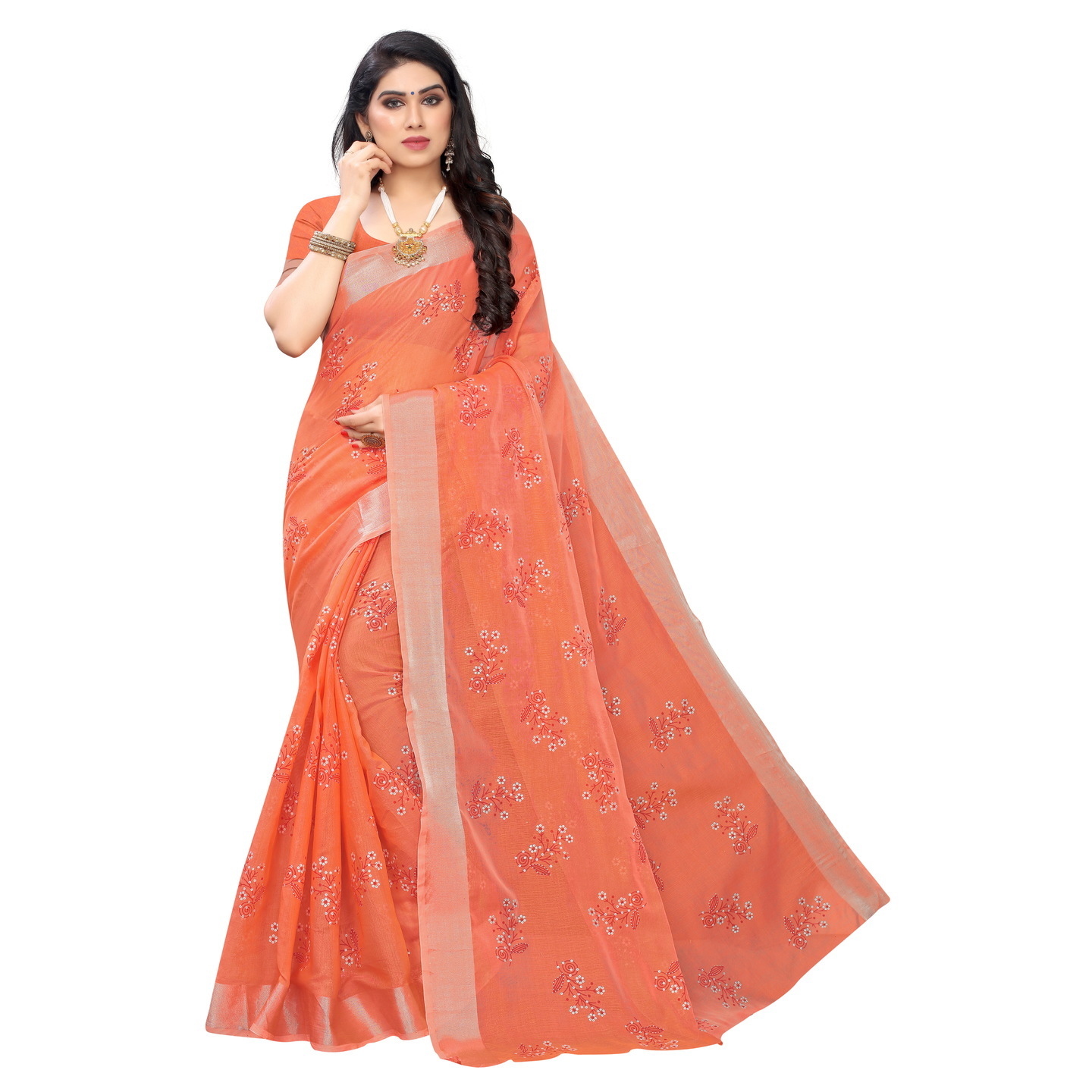 SIMPLE CHANDHERI DESIGNER ORANGE SAREE