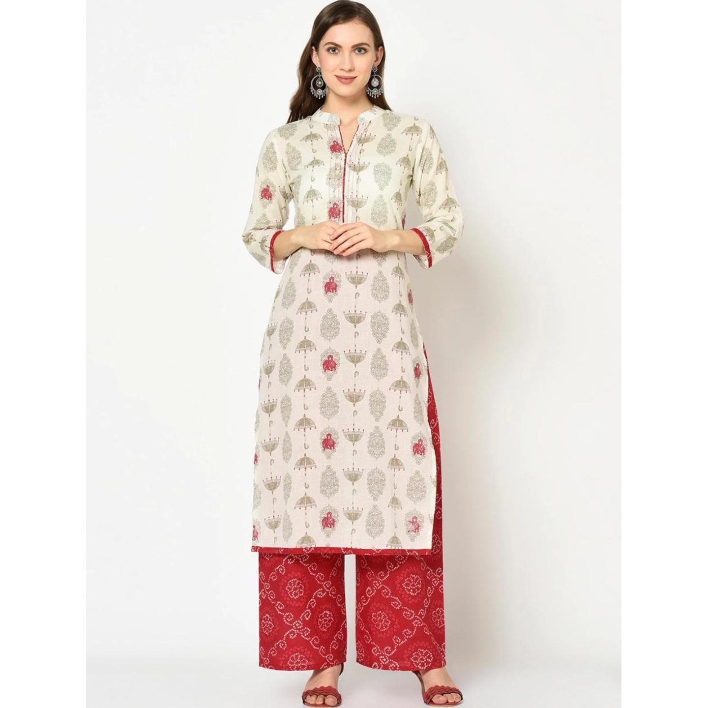 Jaipuri Off-White and Green printed Kurta with Palazzo