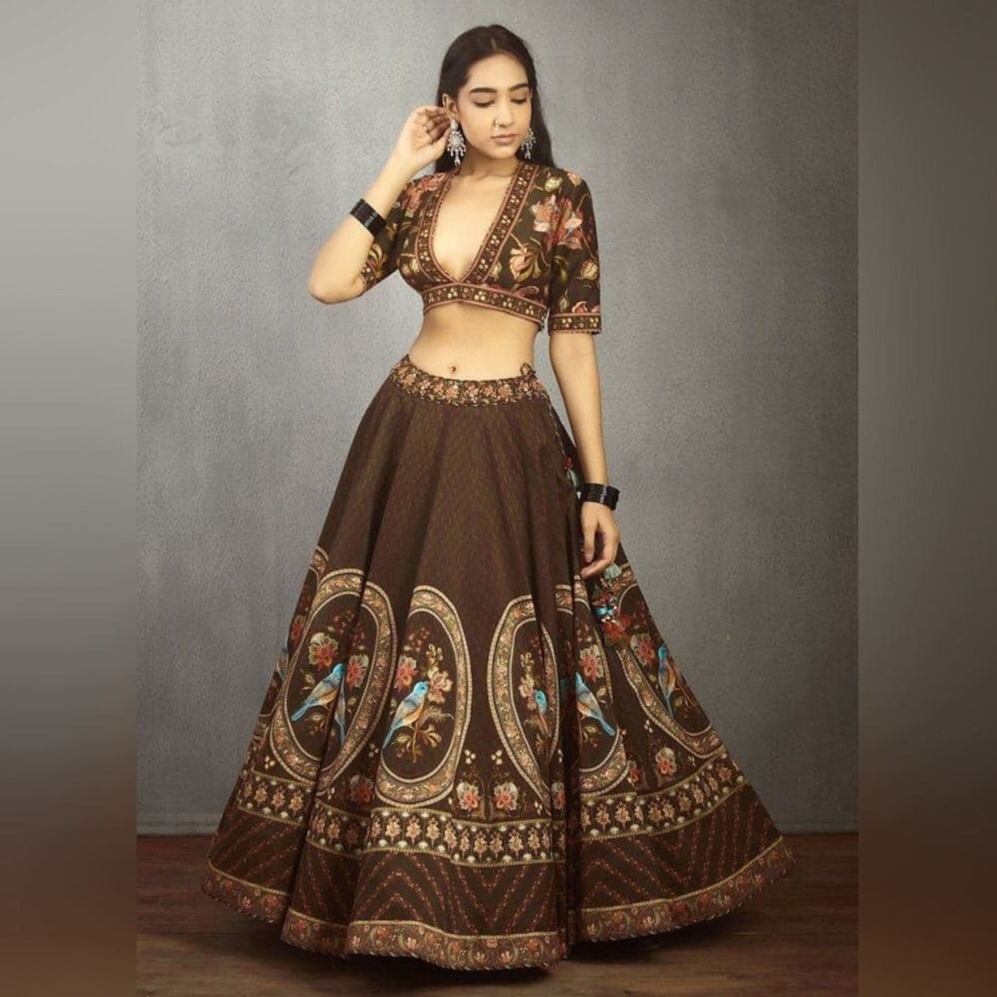 SPARROW PRINTED COFFEE LEHENGA