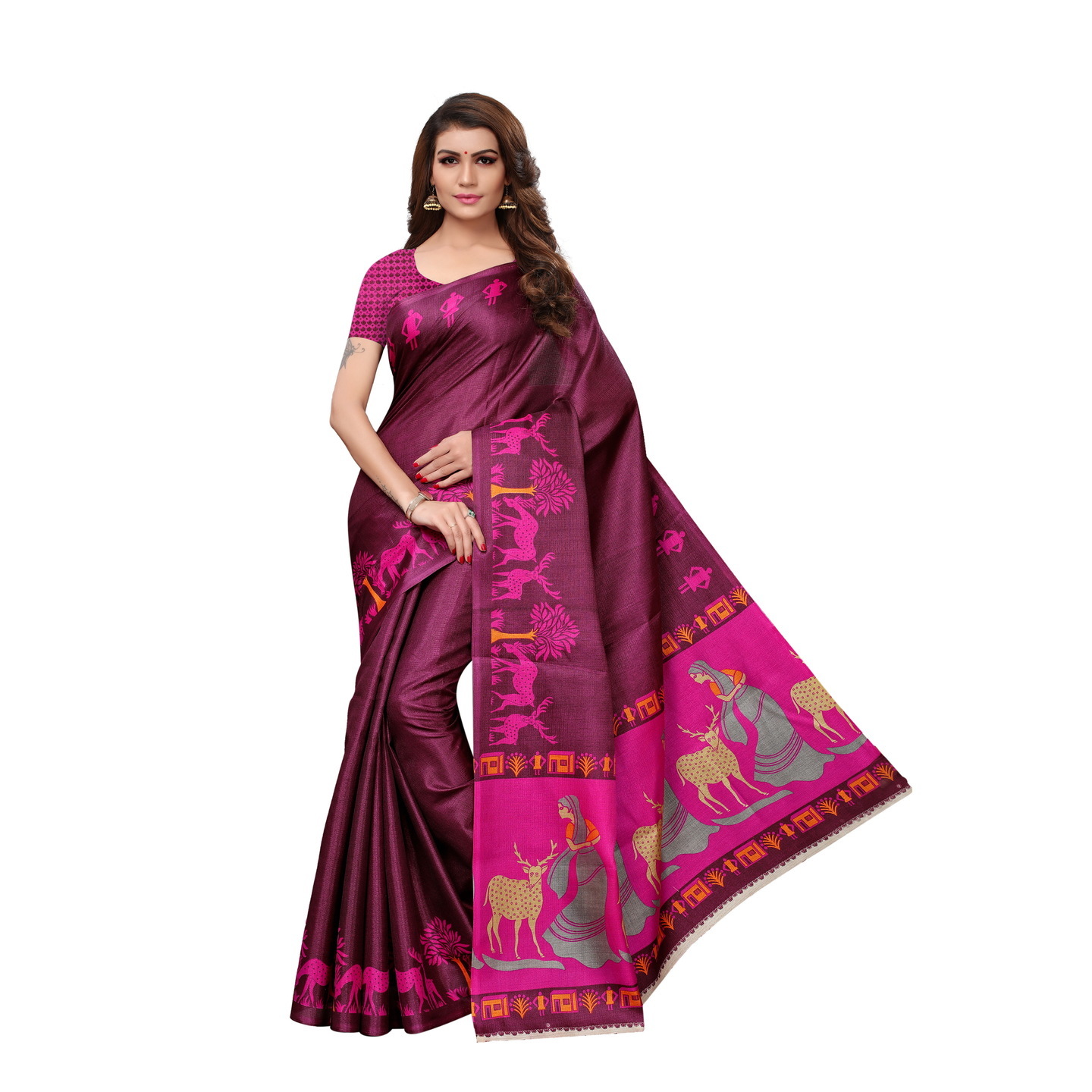 KALAMKARI WINE KHADI SILK SAREE WITH FIGURE PRINT CONCEPT